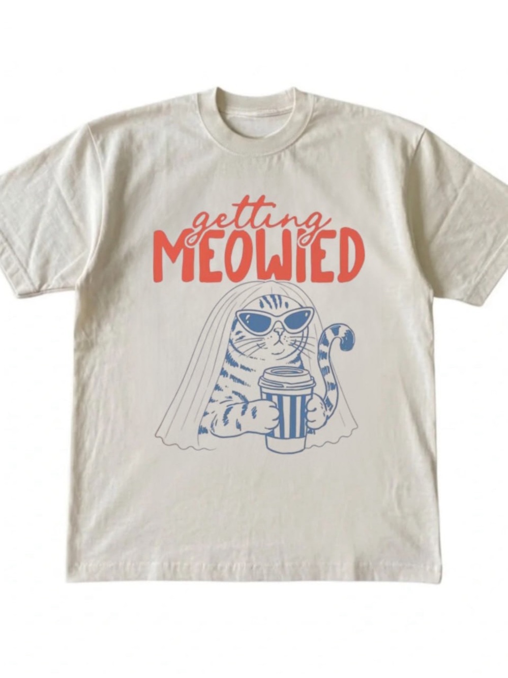 Cream 'Getting Meowied' Graphic Tee with Coral and Blue Print